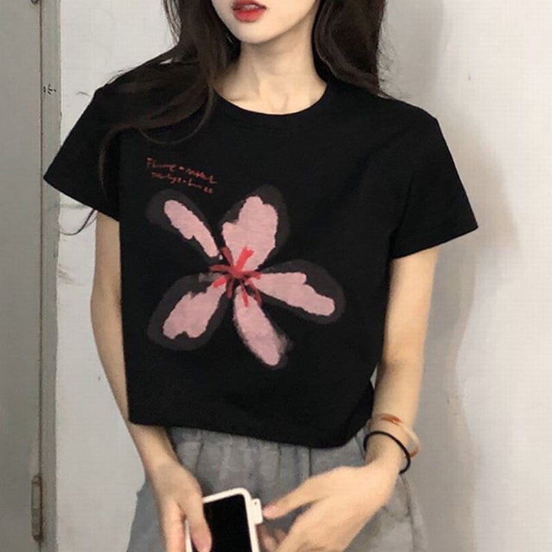 クロップド丈 Tシャツ 半袖 フラワープリント ショート丈 へそ出し