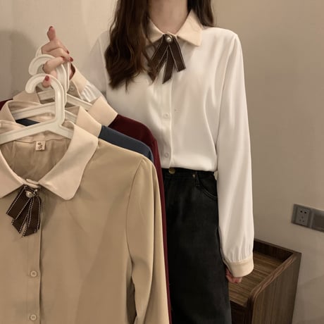 シャツ ブラウス リボンタイ パフスリーブ ルーズ 長袖 レトロ 韓国ファッション レディース 大人可愛い ガーリー DTC-659642910608