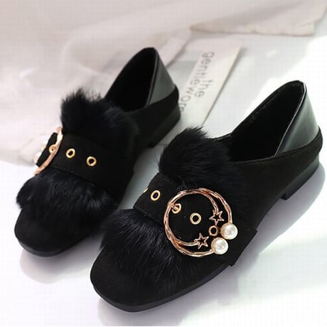 ファーパンプス 韓国ファッション レディース ファーシューズ フラットパンプス ベルト ぺたんこ ラウンドトゥ 美脚 DTC-578838180776
