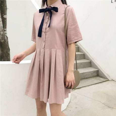 レディース ワンピース プリーツスカート 薄手 ボウタイ リボン ゆったり ガーリー 韓国ファッション (DCT-591685926711)