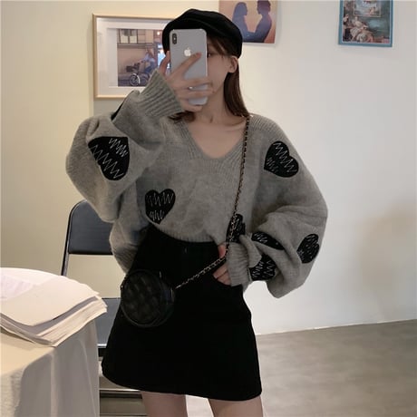 ハート刺繍 ニット セーター 韓国ファッション ゆったり 長袖 プルオーバー 可愛い 大人カジュアル 韓国 レディース (DTC-603675379010)
