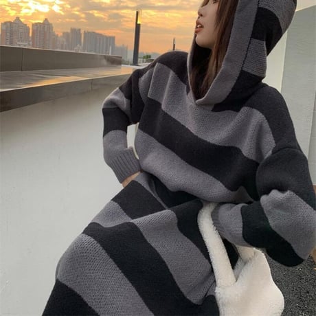 ボーダー柄 フード付き ニットワンピース ロング丈 ニット 長袖 ゆったり ルーズ レトロ 韓国ファッション レディース 大人可愛い ガーリー カジュアル DTC-663533210883