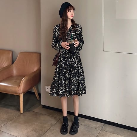 花柄 ワンピース ミニ丈 ミディ丈 ひざ丈 長袖 韓国ファッション レディース Vネック フラワープリント ハイウエスト レトロ (DTC-606080493345)