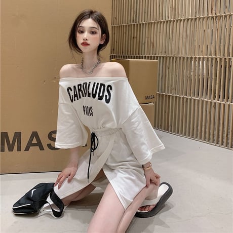 セットアップ 2点セット Tシャツ ＋ スカート オフショル スリット スウェット 半袖 韓国ファッション レディース オフショルダー 大人可愛い ガーリー DTC-642106947624