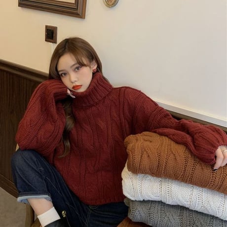 タートルネック ニット ケーブル編み プルオーバー ハイネック トップス セーター ルーズ 長袖 秋 冬 レトロ 大人可愛い ガーリー カジュアル DTCA-854780048696
