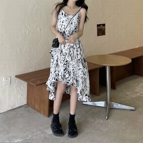 花柄 スリングワンピース 不規則デザイン キャミワンピース アシンメトリー ハイウエスト 韓国ファッション レディース ワンピ アシメ 大人可愛い ガーリー DTC-642523018801