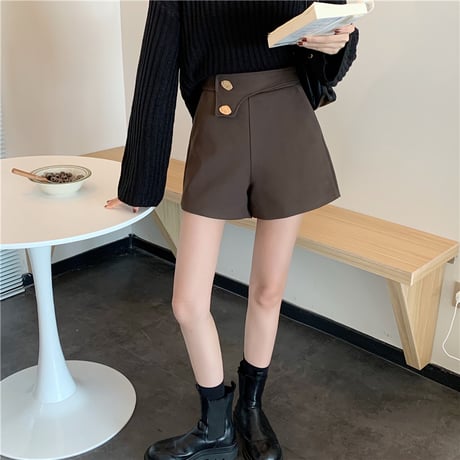 ショートパンツ ハイウエスト ボタン 韓国ファッション レディース ワイドレッグパンツ カジュアル 大人可愛い ガーリー DTC-631987259023