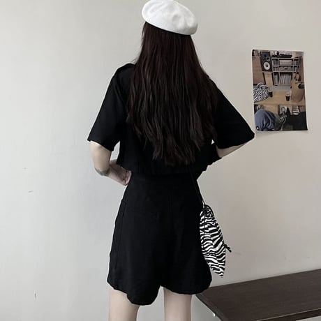 セットアップ 2点セット ミリタリー風シャツ ショート丈 半袖 ショートパンツ ハイウエスト レトロ 韓国ファッション レディース 大人可愛い ガーリー カジュアル DTC-644096580052
