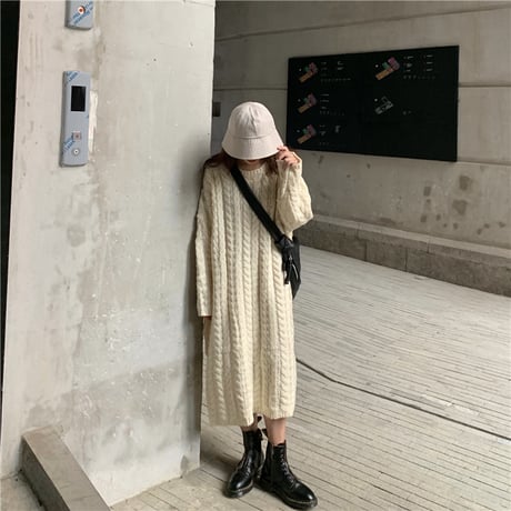 ニットワンピース ケーブル編み 韓国ファッション レディース ラウンドネック ルーズニット 長袖 春 秋 冬 大人カジュアル 韓国 (DTC-605142020234)