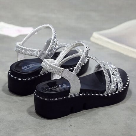 スパンコール 厚底サンダル 22.5～24.5cm プラットフォーム アンクルストラップ オープントゥ ウェッジフラット サンダル 韓国ファッション レディース DCT-670426623868