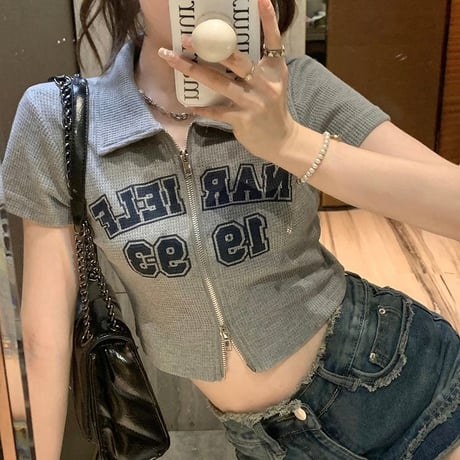 ダブルジップ ワッフル トップス 襟付き Tシャツ クロップド丈 ショート丈 レタープリント 半袖 シンプル ルーズ レトロ 大人可愛い ガーリー カジュアル DTCA-711769972021