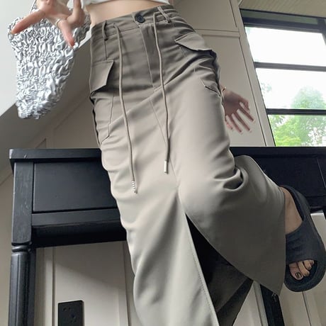 カーゴスカート ハイウエスト スリット ロングスカート Aライン スカート レトロ 韓国ファッション レディース 大人可愛い ガーリー カジュアル DTC-768233387250