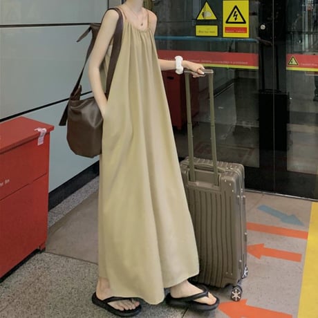 キャミワンピース ノースリーブ ギャザー マキシ丈 マキシワンピース 体型カバー ゆったりウエスト レトロ 大人可愛い ガーリー 韓国ファッション レディース DTC-708870156686