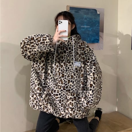 レオパード ボアパーカー プルオーバー オーバーサイズ ラムウール 韓国ファッション レディース ボアブルゾン ヒョウ柄 フリース もこもこ 防寒 ガーリー DTC-629124570504