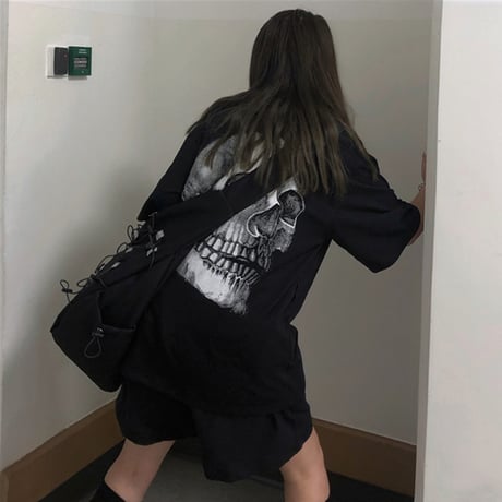 ユニセックス Tシャツ 半袖 メンズ レディース ラウンドネック シンプル どくろ スカル プリント オーバーサイズ 大きいサイズ ルーズ ストリート TBN-597191250710
