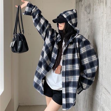 フード付き チェックシャツ パーカー チェック柄 シャツ ウールジャケット オーバーサイズ トップス 長袖 レトロ 韓国ファッション レディース 大人可愛い ガーリー DTC-841559294886