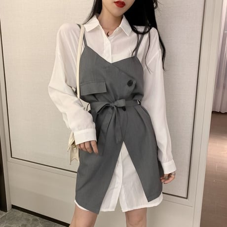セットアップ ロングシャツ ＋ サスペンダースカート 韓国ファッション レディース 不規則デザイン ワンピース シャツ ハイウエスト 大人可愛い ガーリー (DTC-610138365332)