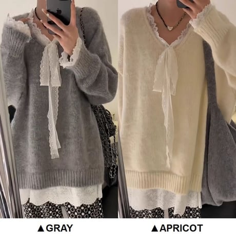 ニット レース リボン Vネック プルオーバー セーター トップス ルーズ フェイクツーピース 長袖 レトロ 大人可愛い ガーリー フェミニン カジュアル DTCA-849338174416