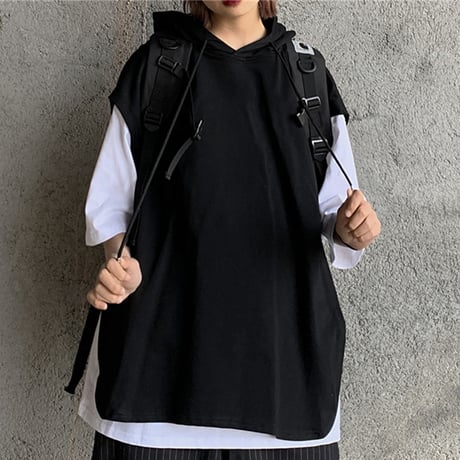 フェイクレイヤード フードベスト ＆ Tシャツ 半袖 ストリートファッション カジュアル 韓国ファッション レディース パーカーベスト ストリート系 DTC-617309764616