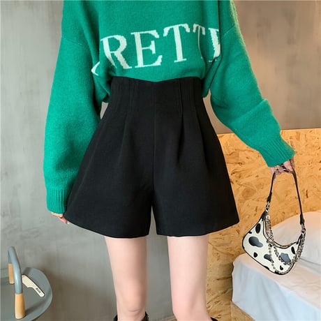 ショートパンツ ウール調 ハイウエスト ワイドパンツ ワイドレッグパンツ レトロ 韓国ファッション レディース 大人可愛い ガーリー カジュアル DTC-659111554810