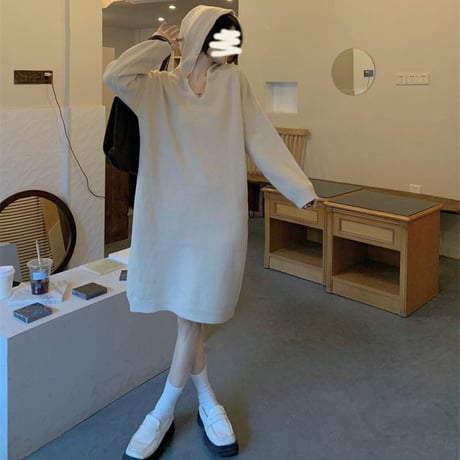 フード付き ニットワンピース ロングワンピース ルーズ ゆったり ルーズウエスト 長袖 レトロ 韓国ファッション レディース 大人可愛い ガーリー DTC-682629628231