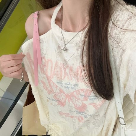 セットアップ 単品 ユーズド加工 Tシャツ ワイドパンツ ホルターネック ワンショルダー ドロスト 半袖 レトロ 韓国ファッション レディース 大人可愛い ガーリー DTC-805276142417