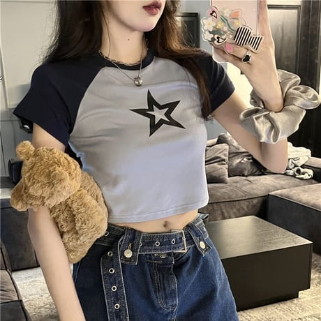 【3カラー】 クロップド丈 Tシャツ スター 星 ラグランスリーブ スリムフィット へそ出し 半袖 レトロ 韓国ファッション レディース 大人可愛い ガーリー DTC-786257392285