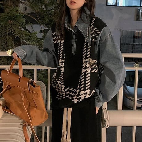 ドッキングトップス フェイクレイヤード デニムシャツ ニットベスト ダメージ加工 チェック柄 レトロ 韓国ファッション レディース 大人可愛い ガーリー カジュアル DTC-665578093033