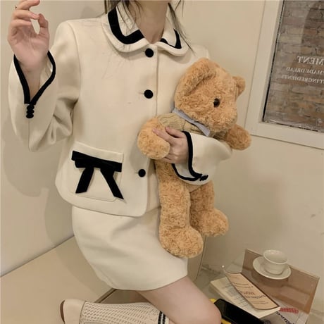 セットアップ ウール ショートジャケット リボン ウールスカート ハイウエスト 長袖 レトロ 韓国ファッション レディース 大人可愛い ガーリー フェミニン DTC-659003380028