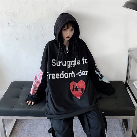 ユニセックス パーカー ハート 英字 袖プリント バックプリント プラスベルベット オーバーサイズ 韓国ファッション 大きめ カジュアル ストリート系 DTC-611075967613_M8-490