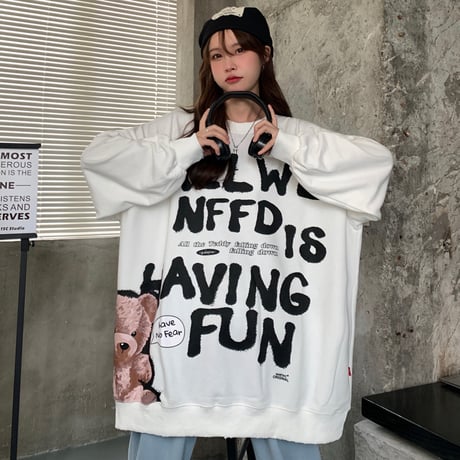 トレーナー ロンT 薄手 オーバーサイズ ラウンドネック 英字 クマちゃん ベアー ルーズ レトロ 韓国ファッション レディース ガーリー カジュアル ストリート系 DTC-656998579130