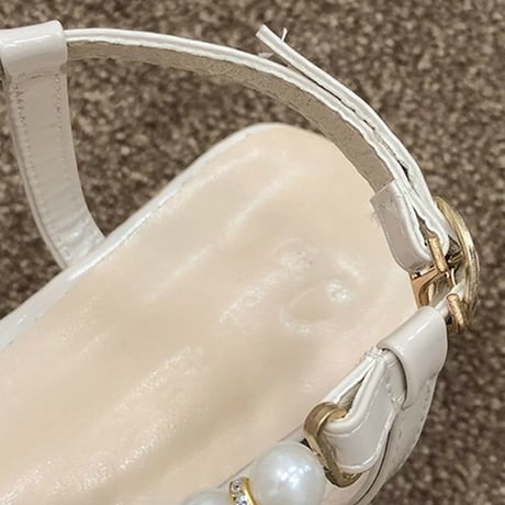 サンダル イミテーションパール アンクルストラップ チャンキーヒール 4.5cm スクエアトゥ 韓国ファッション レディース 痛くない かわいい 靴 歩きやすい 597358297090
