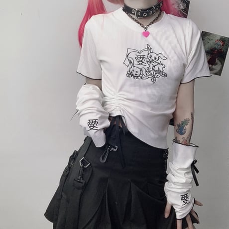 セットアイテム tシャツ アームウォーマー アームカバー 半袖 トップス 2点セット レトロ 大人可愛い ガーリー カジュアル DTC-638967987367