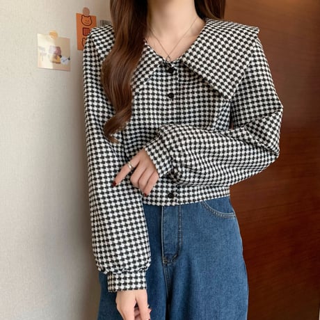 ブラウス風 ショートジャケット 千鳥格子 アウター ビッグカラー チェック柄 ジャケット ショート丈 レトロ 韓国ファッション レディース 大人可愛い ガーリー DTC-665439445191