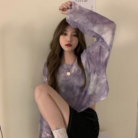 【2カラー】 2点セット タイダイ シアーTシャツ キャミソール付き  ショート丈 ルーズ シースルー 韓国ファッション レディース 大人可愛い ガーリー カジュアル DTC-649079428397