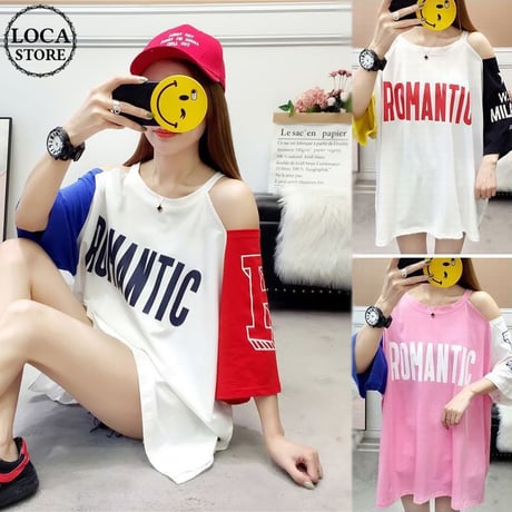 レディース 肩開き 肩出し バイカラー Tシャツ ゆったり 半袖 チュニック オフショルダー 韓国ファッション オルチャン (DCT-586776858110)
