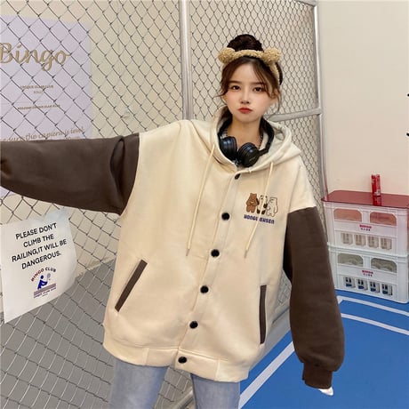 フード付き ブルゾン パーカー 月輪熊 パンダ 白熊 プラスベルベット アウター オーバーサイズ 韓国ファッション レディース ガーリー カジュアル ストリート系 DTC-630016028692