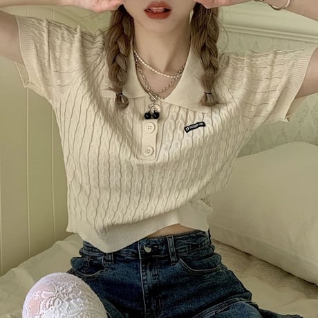 【2カラー】 サマーニット ポロカラー Tシャツ ケーブル編み ショート丈 ポロシャツ 半袖 レトロ 韓国ファッション レディース 大人可愛い ガーリー カジュアル DTC-646667312344
