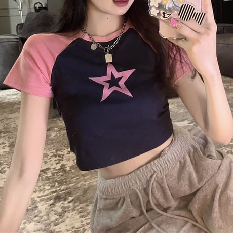 【3カラー】 クロップド丈 Tシャツ スター 星 ラグランスリーブ スリムフィット へそ出し 半袖 レトロ 韓国ファッション レディース 大人可愛い ガーリー DTC-786257392285