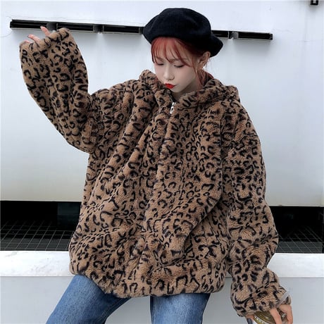 レオパード 耳付き ボアパーカー フェイクファー オーバーサイズ 韓国ファッション レディース ボアブルゾン ジップアップ ヒョウ柄 防寒 大人可愛い ガーリー DTC-627657068160