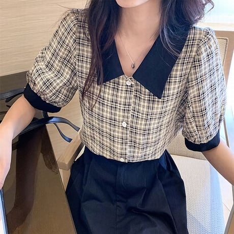 チェック柄 ブラウス シャツ パフスリーブ 半袖 バイカラー レトロ 韓国ファッション レディース 大人可愛い ガーリー フェミニン DTCA-642810095273