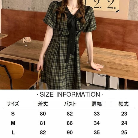 ワンピース チェック柄 リボンタイ パフスリーブ ミニワンピース ハイウエスト 半袖 レトロ 韓国ファッション レディース 大人可愛い ガーリー DTC-675131597297)