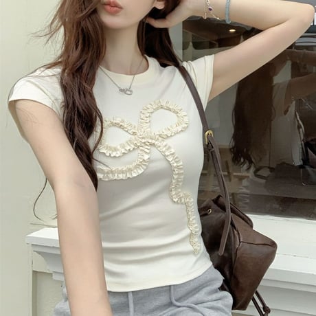 立体リボン Tシャツ リボンコード フリル タイト スリムフィット ショート丈 クルーネック 半袖 レトロ 大人可愛い ガーリー カジュアル DTCA-802763810438