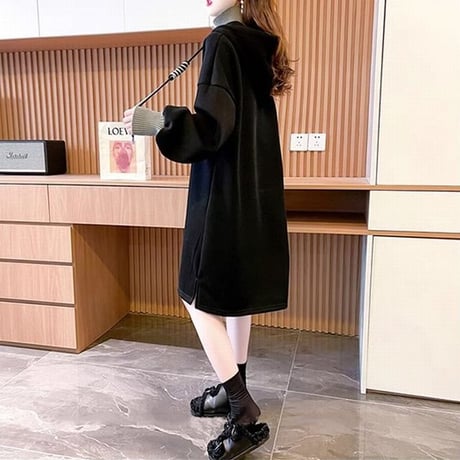 フェイクレイヤード パーカー プルオーバー 裏起毛 ロング丈 フード付き スウェット ワンピース ルーズ 長袖 秋 冬 レトロ 大人可愛い ガーリー カジュアル DTC-749423286319