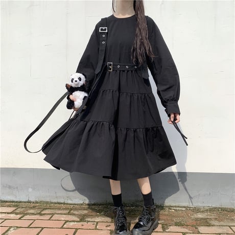 サスペンダーストラップ付き ワンピース リボンスリーブ クルーネック ハイウエスト 長袖 韓国ファッション レディース 大人可愛い ガーリー DTCA-649488736694
