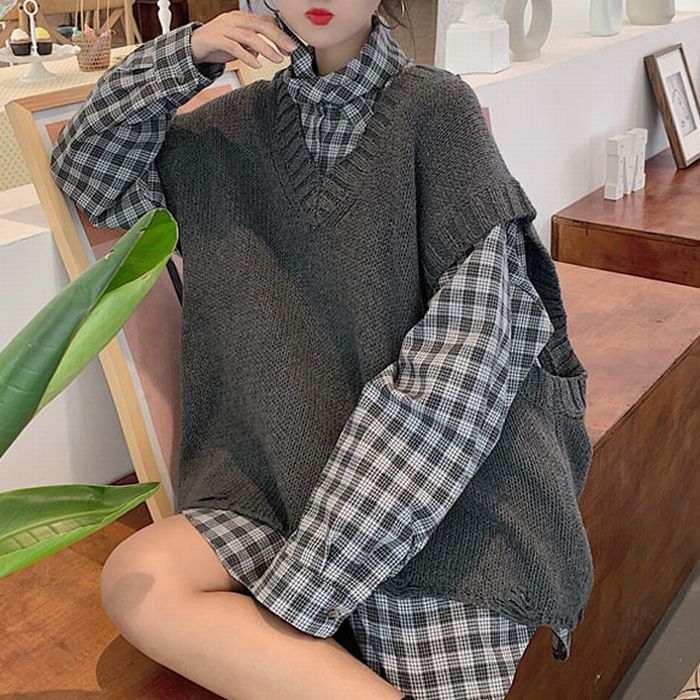 セットアップ チェック柄シャツ ダメージ加工 ニットベスト ルーズ