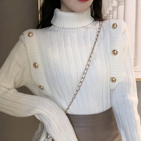 タートルネック リブニット プルオーバー 長袖 ニット レトロ 韓国ファッション レディース 大人可愛い ガーリー カジュアル DTC-656658948625