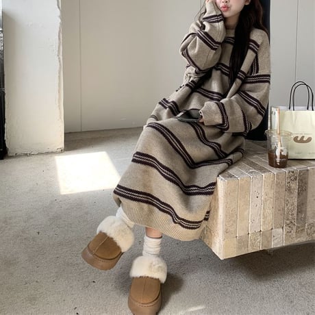 ボーダー柄 ニットワンピース ゆったりウエスト ロング丈 ニット ゆったり ルーズ 長袖 レトロ 韓国ファッション レディース 大人可愛い ガーリー DTC-743606336928