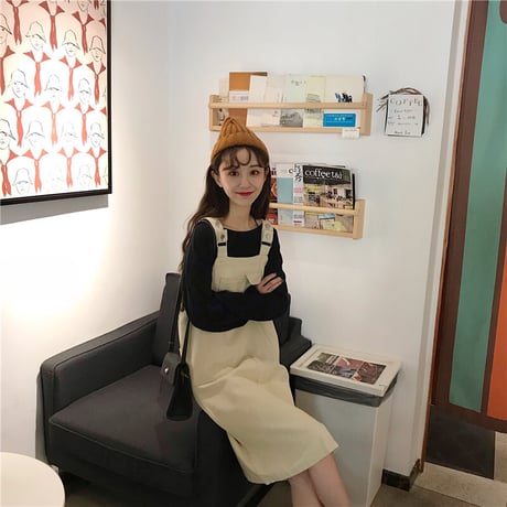 サロペットワンピース ジャンパースカート 韓国ファッション レディース ガーリー ハイウエスト レトロ DTC-587403309486