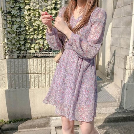 レディース フラワー ワンピース 花柄 フロントボタン レース レトロ ハイウエスト パープル イエロー 韓国 韓国ファッション (DTC-589545576079)